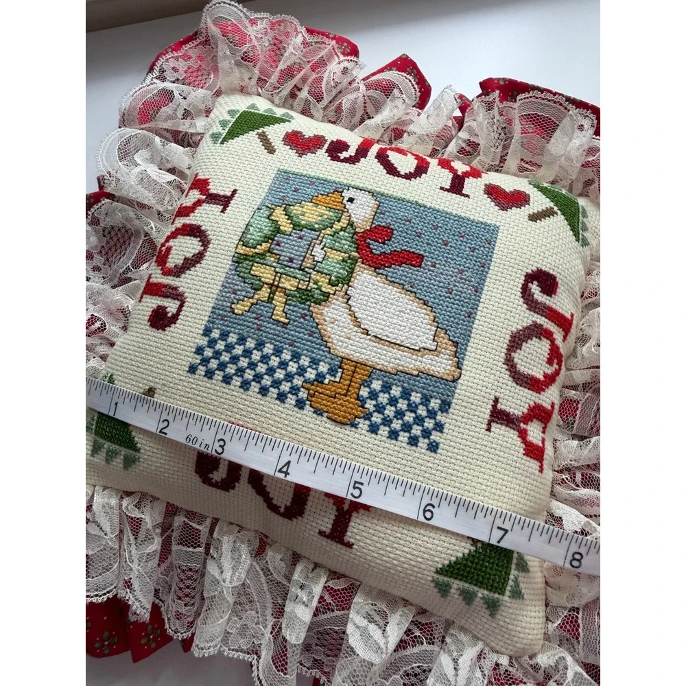 VTG Cross Stitch Christmas Goose Pillow Small Red Joy Lace Ruffle Cottagecore